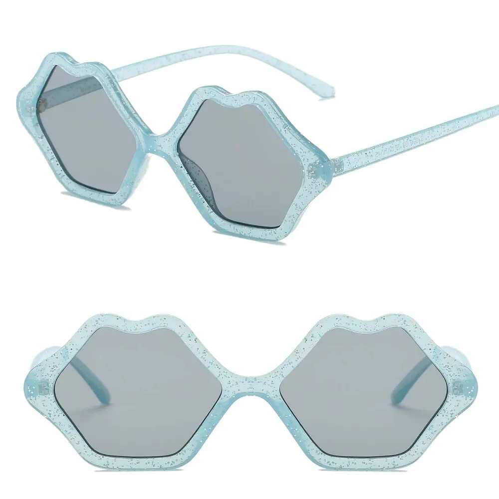 Womens Light Blue Lip Shape Sunglasses Gray Lenses Novelty Retro